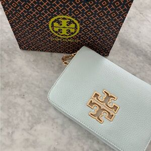 Tory Burch Mint Green Leather Clutch with Gold Logo